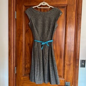 Amelia Gray Dress with Cap Sleeves and Teal belt.